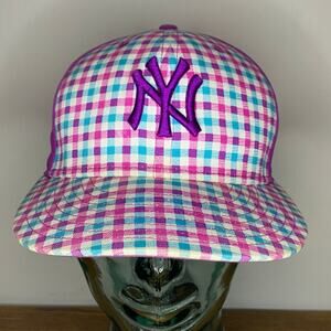 New Era 59fifty New York Yankees MLB Plaid Pink Purple Blue Fitted Hat Cap 7 1/4
